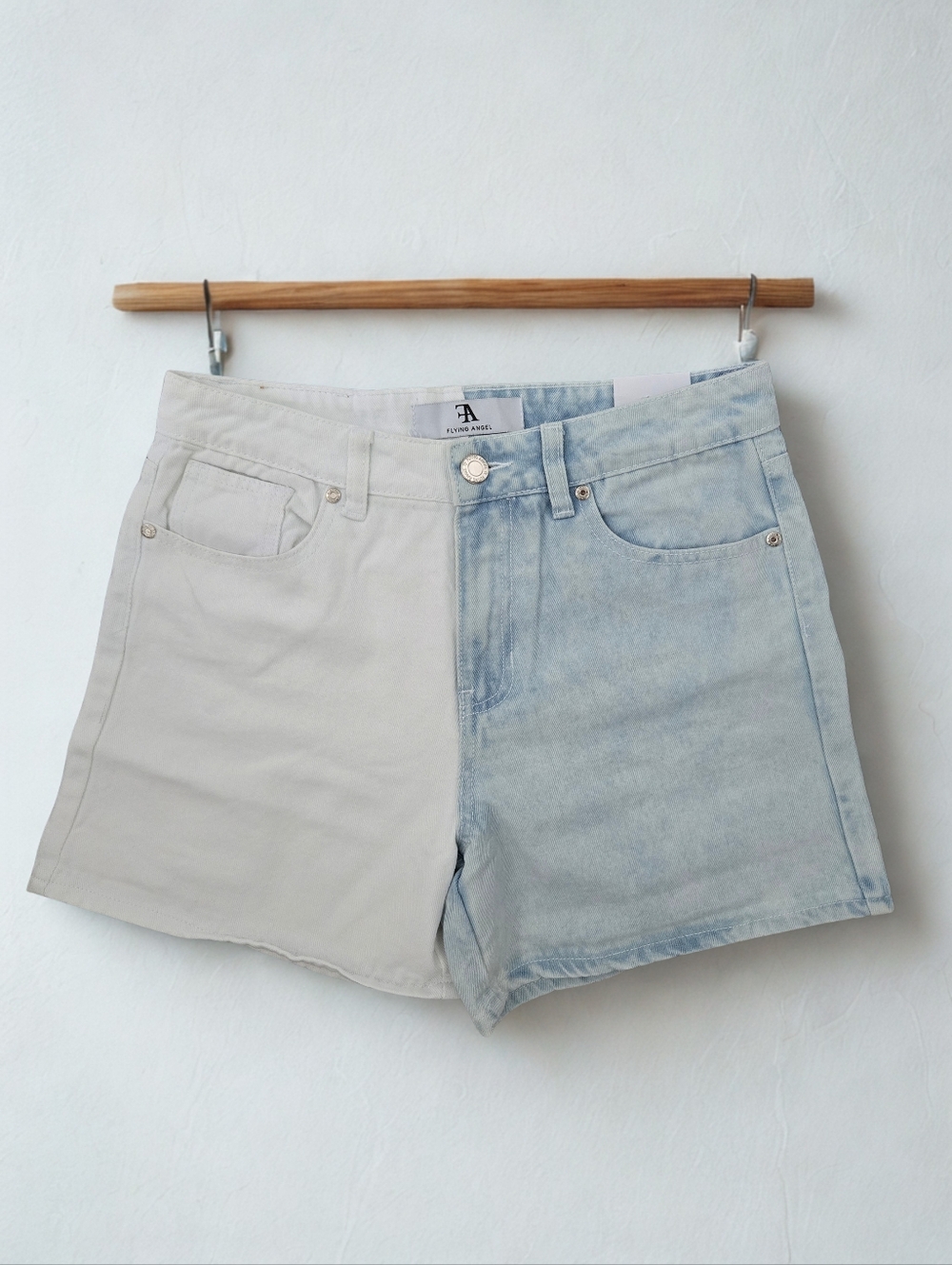 NWT Flying Angel Two-Tone Women's Denim Shorts - Light Blue and White